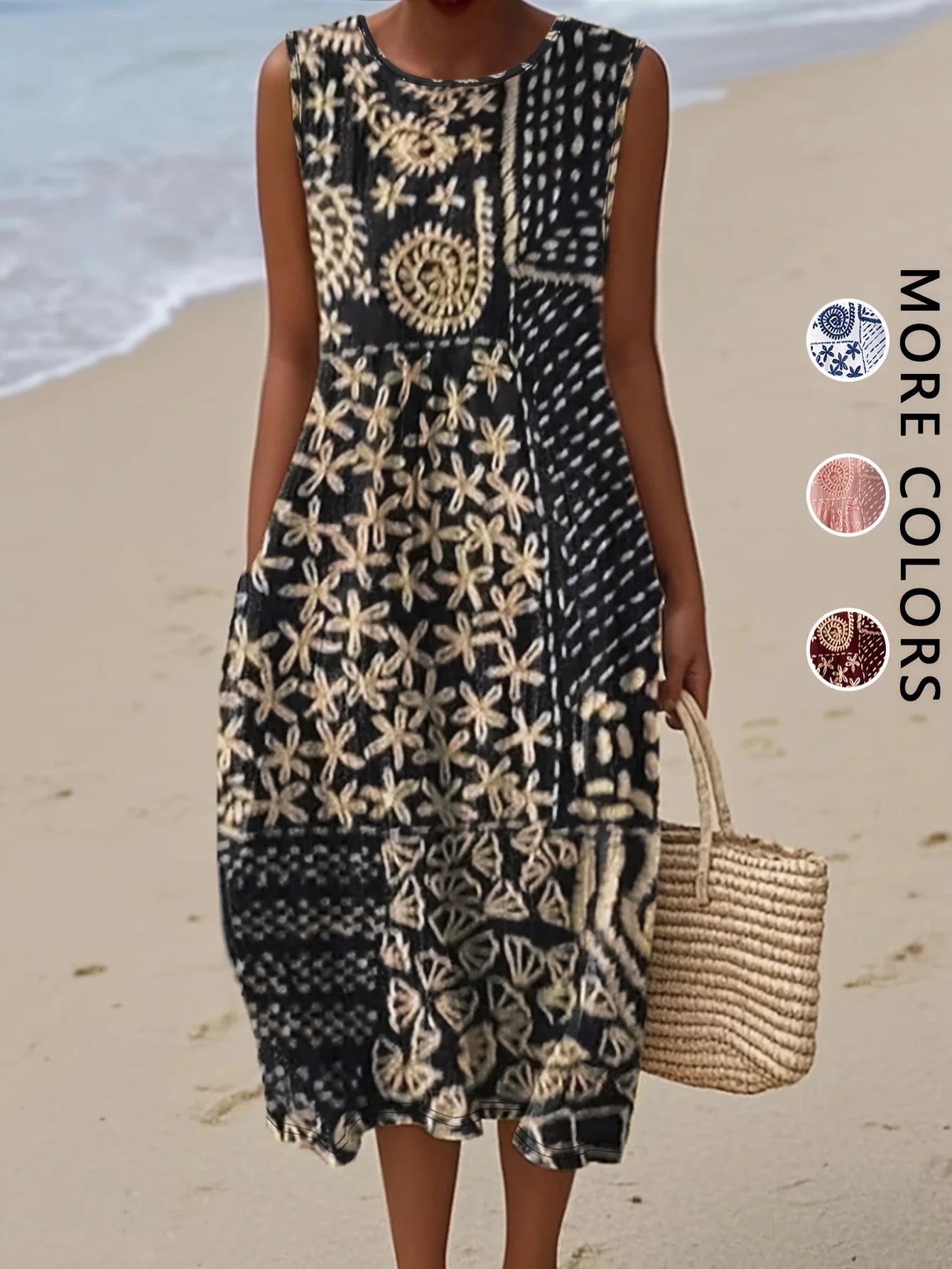 Sofia - Vestido Boho com Bolsos e Estampa Mista
